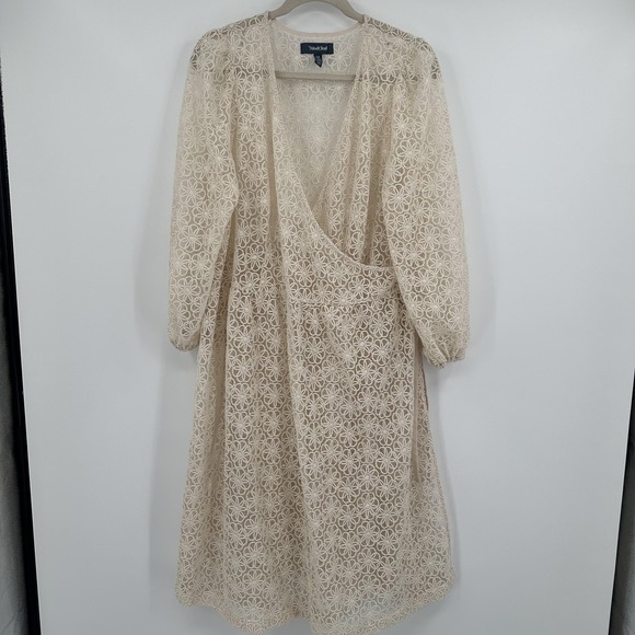 ModCloth Dress Womens 1X Cream Lace Wrap Long Sleeve Surplice Floral Sheer Midi - Picture 1 of 11